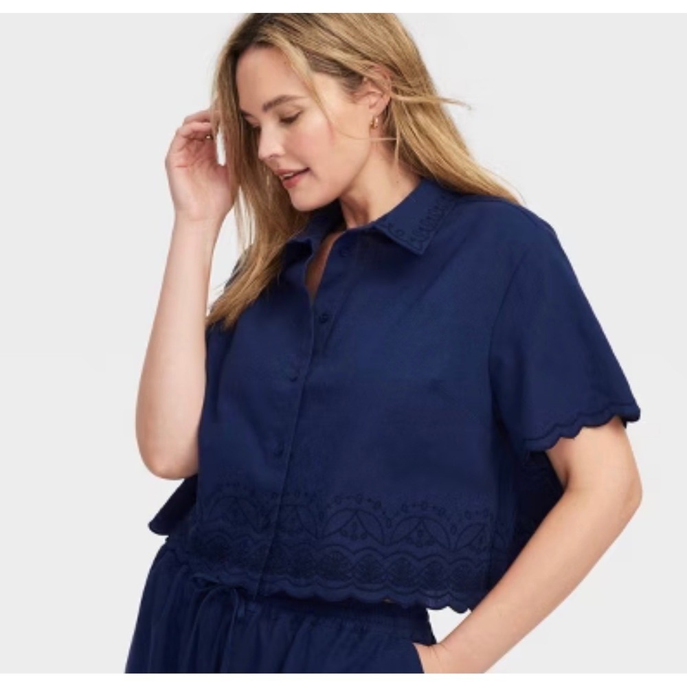 Roller Rabbit Target Fisherman Linen Coastal Navy Embroidered Scallop Top Medium
